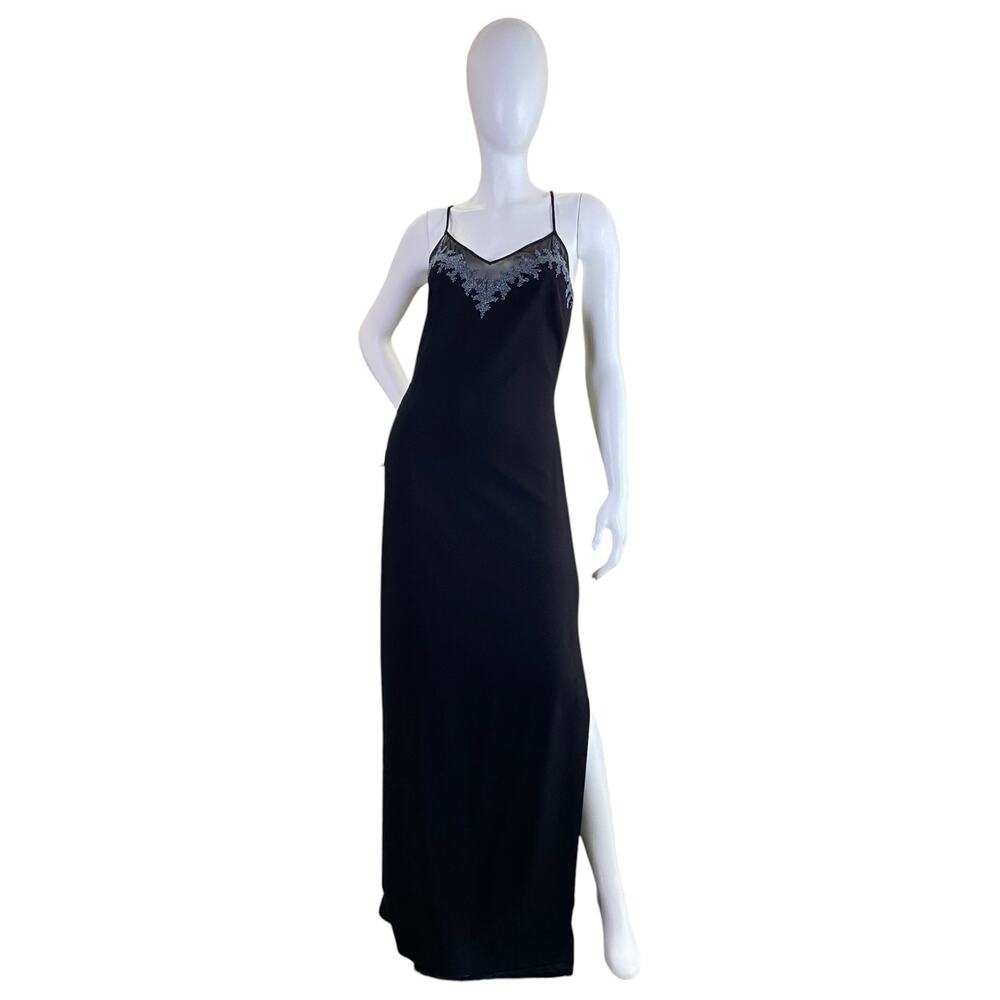 90s Black Beaded Column Gown | Criss Cross Maxi Dress | Formal Dress Size 10